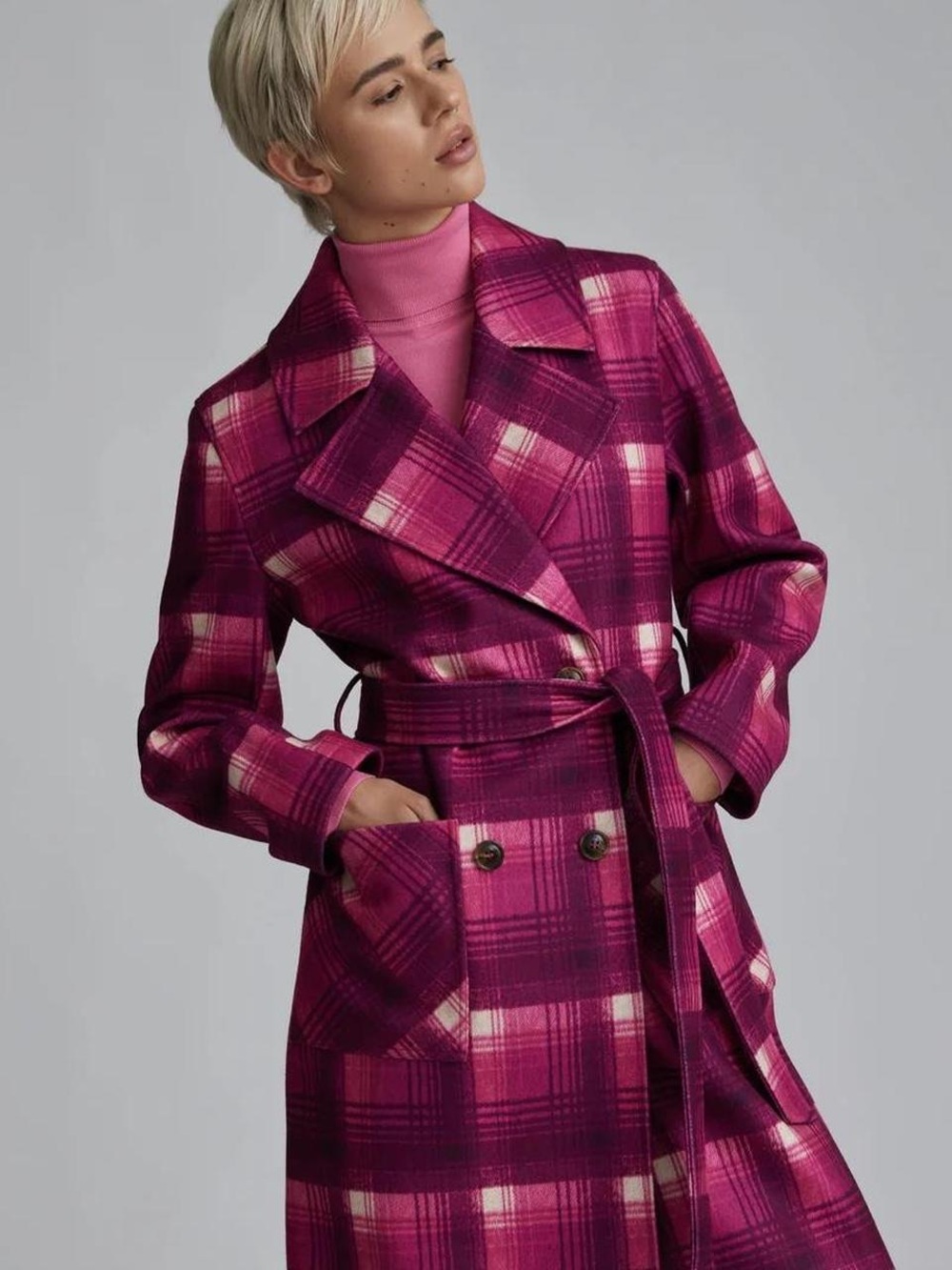NVLT Women's Bold Plaid Trench Coat in Fucsia